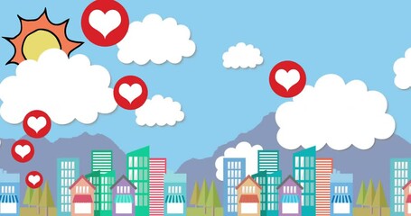 Multiple heart icons floating against cityscape - Powered by Adobe
