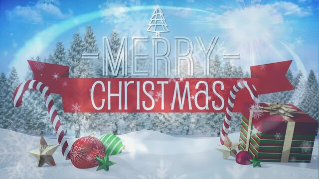 Snowflakes falling over Merry Christmas text against Christmas presents, Candy canes and baubles