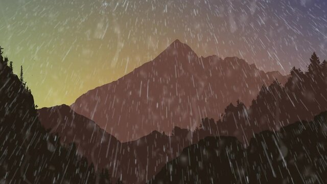Rain drops falling against landscape with mountains