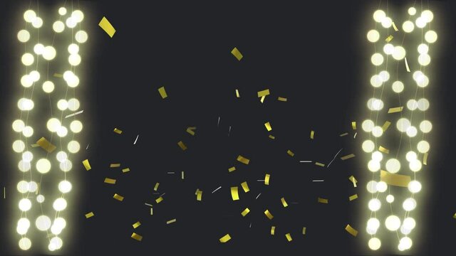 Confetti falling over fairy lights against black background