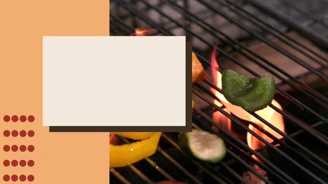 White blank board and orange stripe against vegetables on BBQ grill  