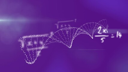DNA structure forming against mathematical equations on purple background - Powered by Adobe