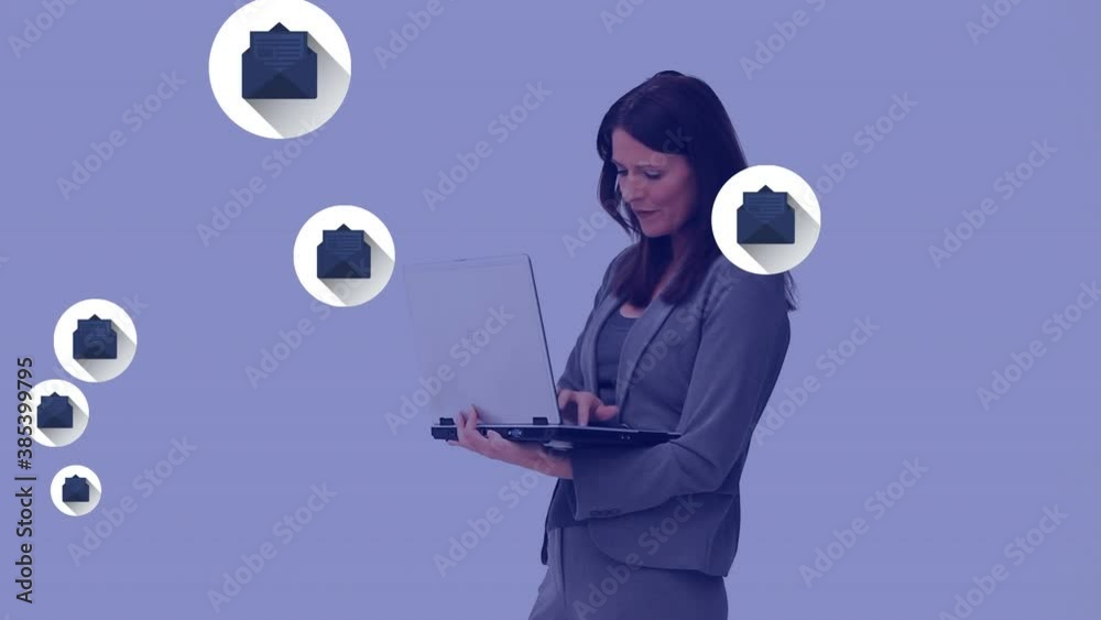 Sticker Multiple envelope icons floating against woman using laptop