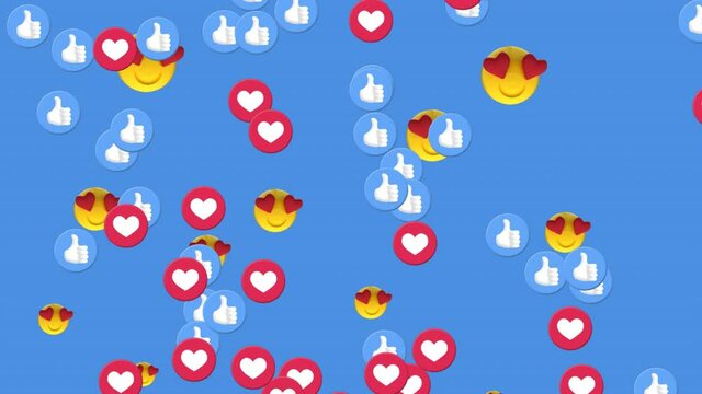 Multiple heart eyes face emoji, heart and thumbs up icons floating against blue background
