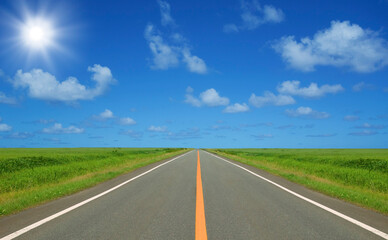 Fototapeta na wymiar 草原の直線道路と雲と太陽