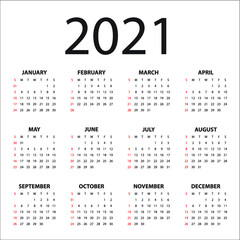 Year 2021 calendar vector design template, simple and clean design
