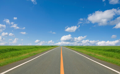 草原の直線道路と雲