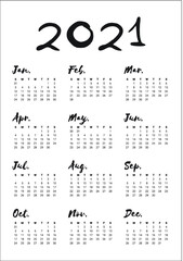 Year 2021 calendar vector design template, simple and clean design
