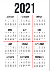 Year 2021 calendar vector design template, simple and clean design
