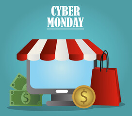 cyber monday, shopping bag computer money coin and bills