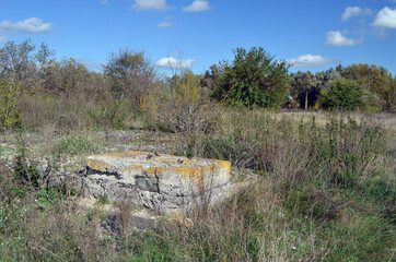 Broken concrete.Abandoned huge Soviet milk farm remains. Kiev Region