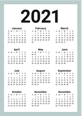 Year 2021 calendar vector design template, simple and clean design
