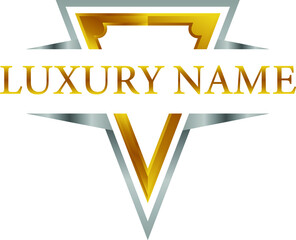 3d metallic golden shield frame logo template vector