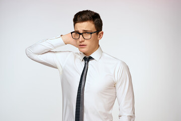Business man in white shirt with tie wearing glasses executive self-confidence manager