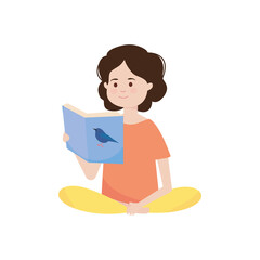 cartoon woman sitting reading a birds book, flat style