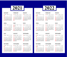 Year 2021 2022 calendar vector design template, simple and clean design