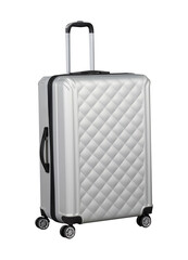 Wheeled travelling luggage gray colour on white background for business trip or personal trip