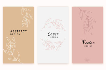 Social media stories and Main Feed cover. Background template with copy space for text and images, Tropical line arts , floral and leaves in warm earth tone vector illustration.