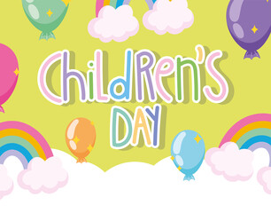 childrens day, hand written lettering rainbows balloons clouds card cartoon