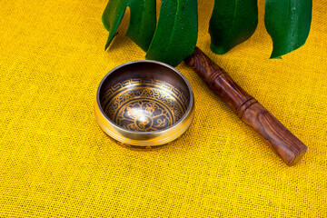 Tibetan singing bowl. Tibetian inscription - mantra 