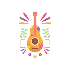 guitar with floral design and decorative ornaments around, flat style