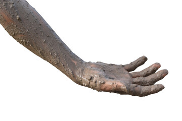 Hand covered with mud isolated on white background with clipping path.