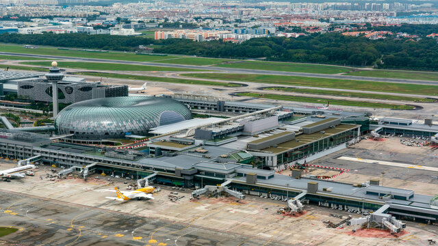 Singapore - April 2019: Aerial view of Singapore Changi International Airport.
