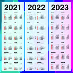 Year 2021 2022 2023 calendar vector design template, simple and clean design