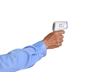 Hands of an elderly man holding infrared thermometer (thermometer gun) Isolated on white background. Senior male wrinkled hand with clipping path.