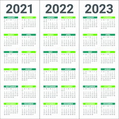 Year 2021 2022 2023 calendar vector design template, simple and clean design
