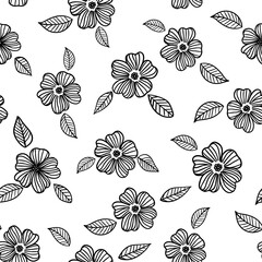 Floral handmade background, outline, sketch, vector flowers, seamless pattern
