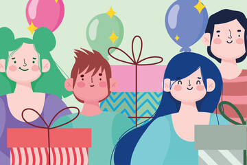 young group people gift boxes and balloons celebration festive