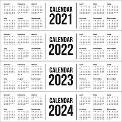 Year 2021 2022 2023 2024 calendar vector design template, simple and clean design