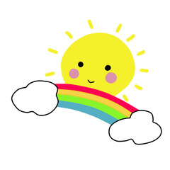 Smiling sun peeking out from behind a cloud and rainbow.