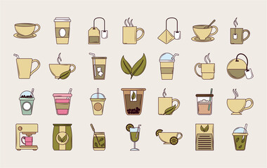 tea, beverage fresh herbal antioxidant set icons line and fill