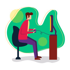 young man playing console games vector illustration in flat style