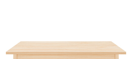Empty brown wood table top isolated on white background. Template mock up for display of product