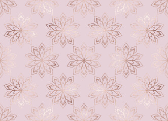 Christmas decoration rose gold snowflake seamless pattern.