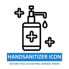 Hand Sanitizer Illustration Vector Icon Outline style. Editable Stroke. Base 64 x 64 Pixels. Expanded. Perfect Use for Awareness in Banner, Flyer, Presentation, etc.