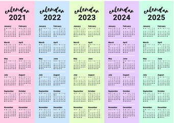 Year 2021 2022 2023 2024 2025 calendar vector design template, simple and clean design