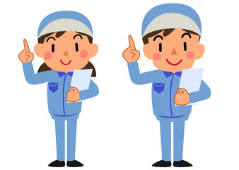 指をさす作業服を着た女性と男性