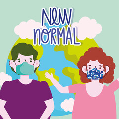 new normal lifestyle, couple with protective masks and world