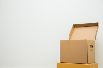Box parcel cardboard mock up on blank space white background.