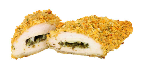 Garlic butter filled whole breaded chicken breasts isolated on a white background