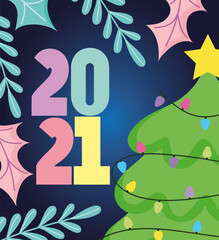 2021 happy new year, tree cartoon numbers and leaves