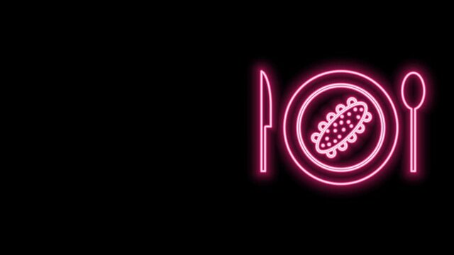 Glowing neon line Served cucumber on a plate icon isolated on black background. Marine food. 4K Video motion graphic animation