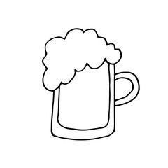 Beer large glass mug with beer and foam, doodle style, Oktoberfest