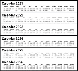 Year 2021 2022 2023 2024 2025 2026 calendar vector design template, simple and clean design