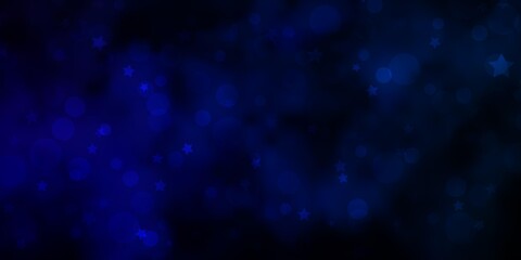 Dark BLUE vector background with circles, stars. Illustration with set of colorful abstract spheres, stars. Design for textile, fabric, wallpapers.