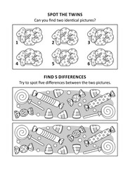 Activity sheet for kids with two visual puzzles, also can be used as coloring page, printable, fit Letter or A4 paper. Dotted numbers. Various sweeties. 
